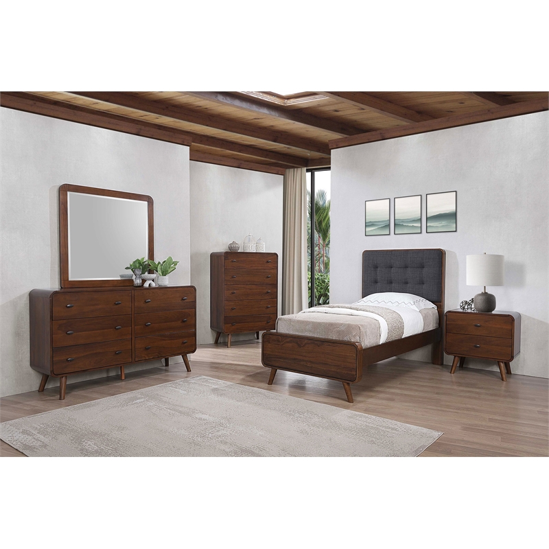 Pemberly Row 5 Piece Mid-Century Twin Bedroom Set in Dark Walnut