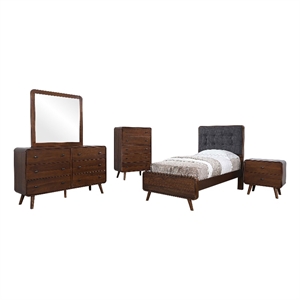 Pemberly Row 5 Piece Mid-Century Twin Bedroom Set in Dark Walnut