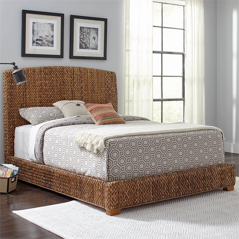 Pemberly Row Banana Leaf Queen Panel Bed with Woven Headboard in Amber