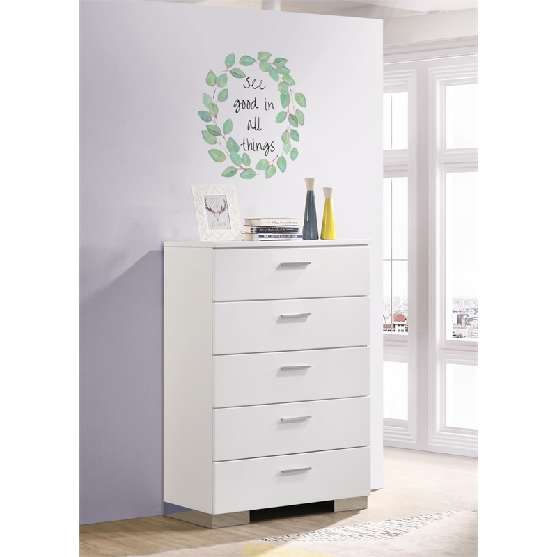Pemberly Row 5 Drawer Bedroom Chest with Chrome Handles in White High Gloss