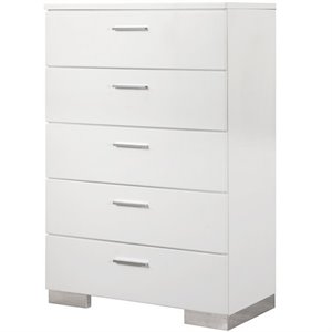 Pemberly Row 5 Drawer Bedroom Chest with Chrome Handles in White High Gloss