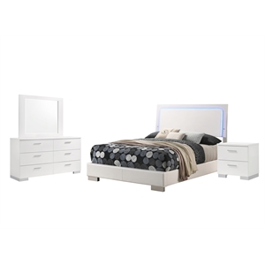 Pemberly Row 4 Piece Full LED Bedroom Set in White High Gloss