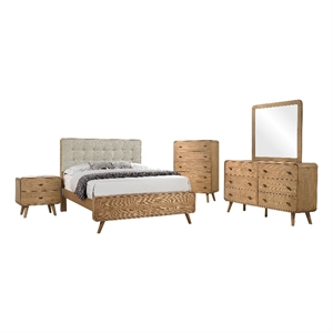 Pemberly Row 5 Piece Mid-Century Queen Bedroom Set in Light Ash