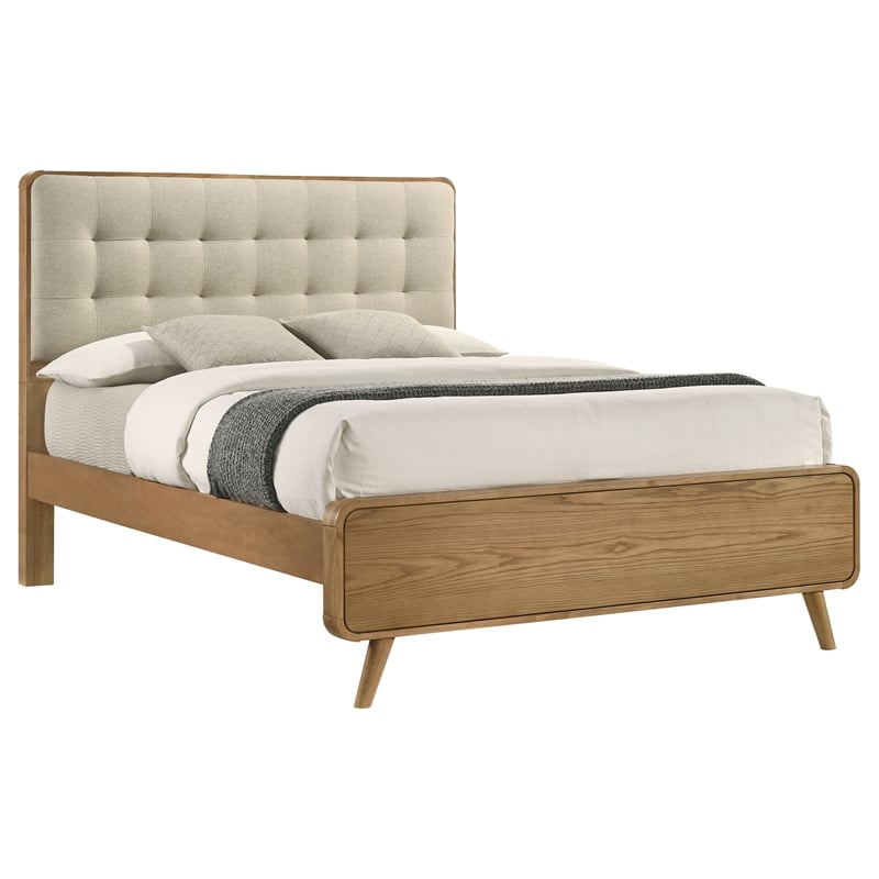 Pemberly Row Eastern King Platform Bed with Tufted Headboard in Light Ash