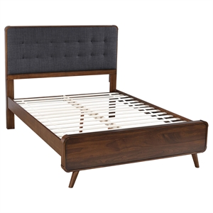 Pemberly Row Queen Platform Bed with Tufted Headboard in Dark Walnut
