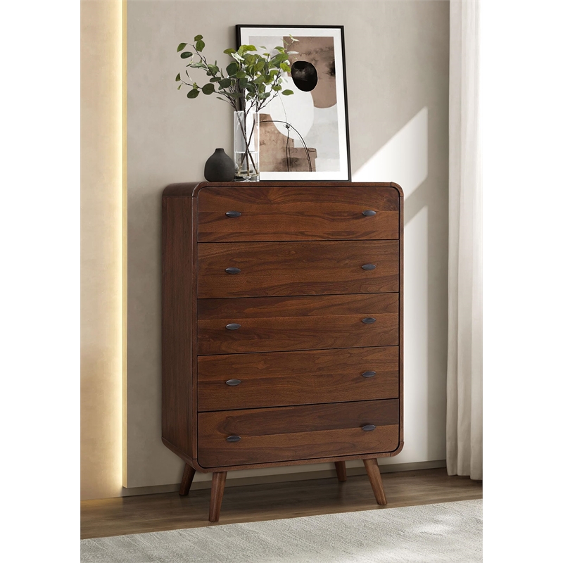 Pemberly Row 5 Drawer Mid-Century Chest of Drawers in Dark Walnut