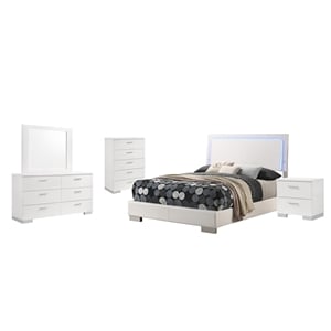Pemberly Row 5 Piece California King LED Bedroom Set in White Gloss