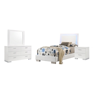 Pemberly Row 4 Piece Twin LED Bedroom Set in White High Gloss