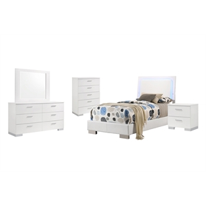 Pemberly Row 5 Piece Twin LED Bedroom Set in White High Gloss