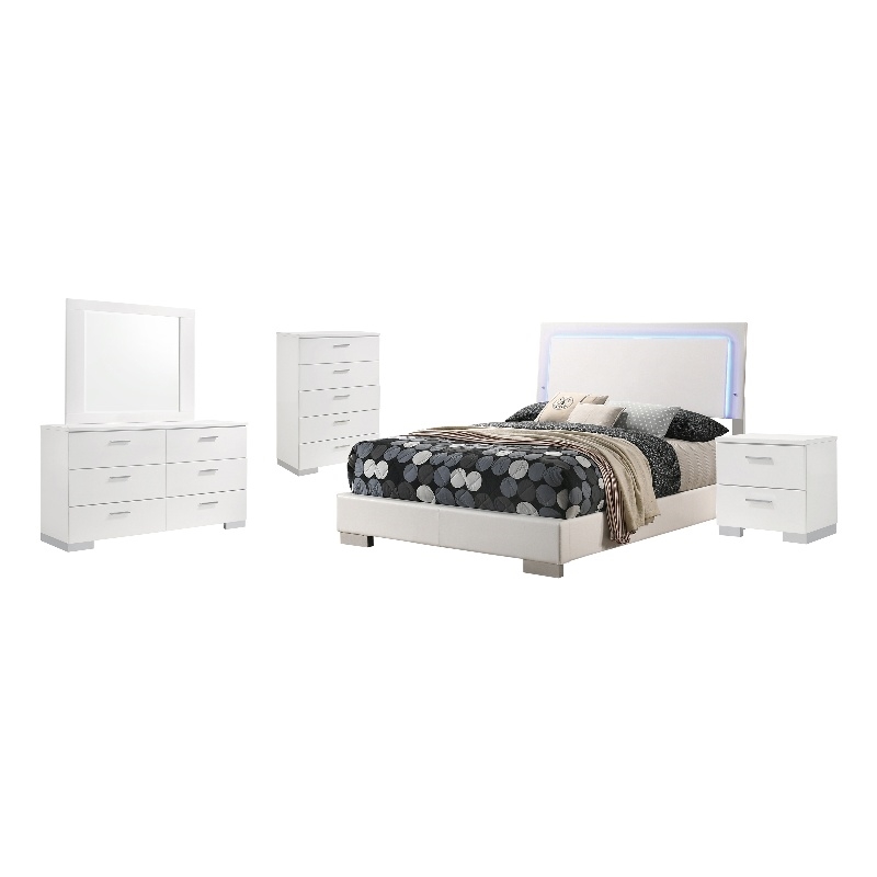 Pemberly Row 5 Piece Eastern King LED Bedroom Set in White High Gloss
