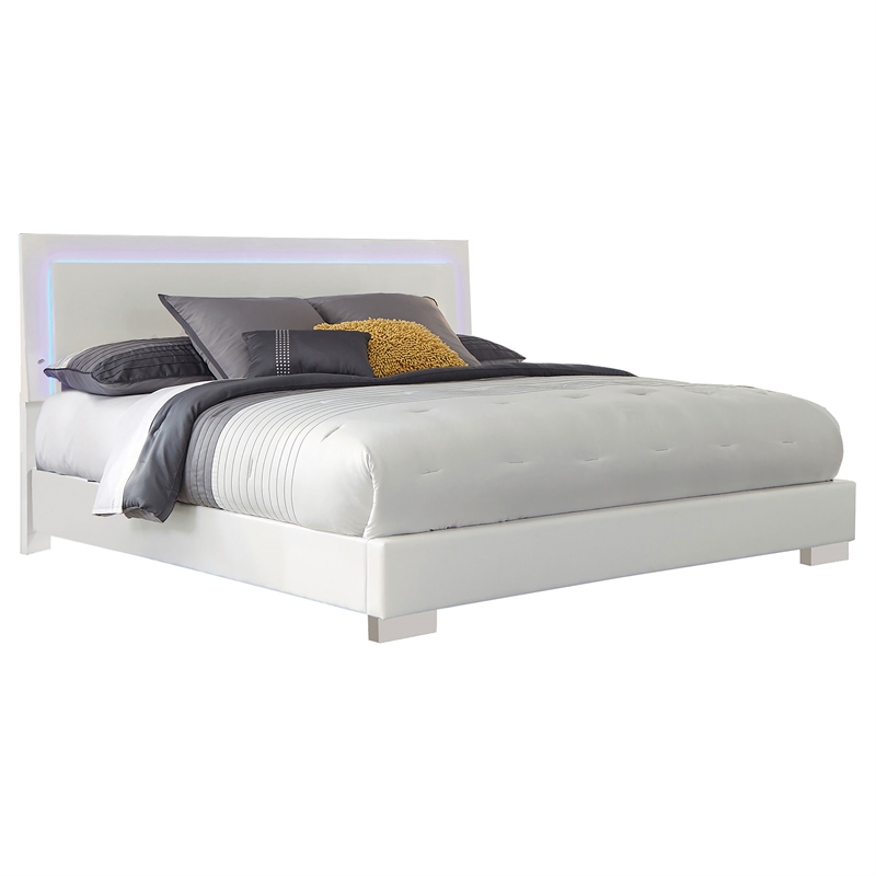 Pemberly Row 5 Piece Eastern King LED Bedroom Set in White High Gloss