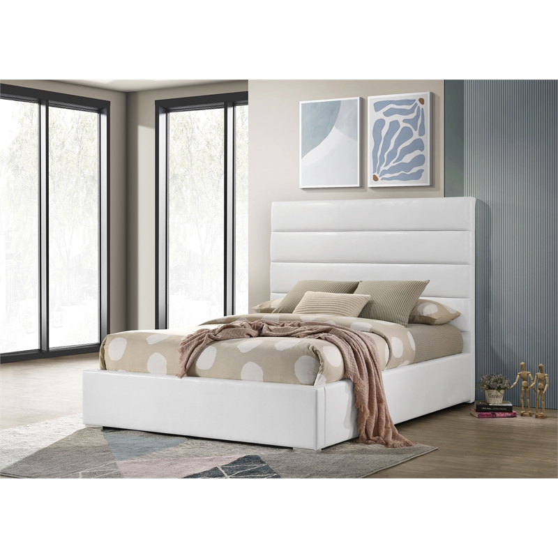 Pemberly Row 53 Inch Upholstered Twin Platform Bed in White Faux Leather
