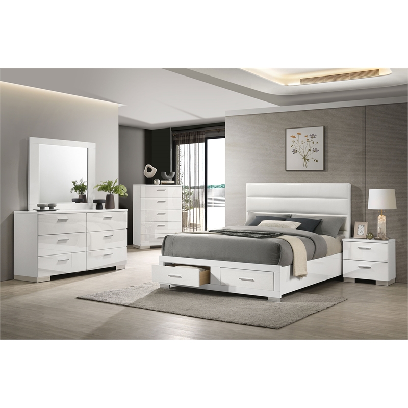 Pemberly Row 5 Piece Queen Platform Bedroom Set in White Faux Leather