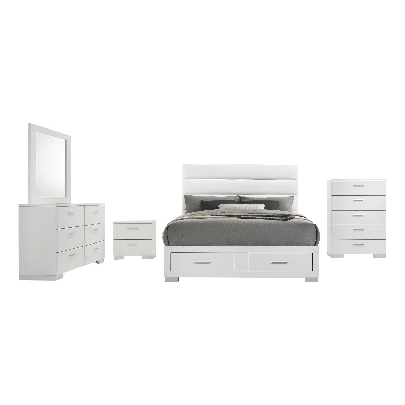 Pemberly Row 5 Piece Queen Platform Bedroom Set in White Faux Leather