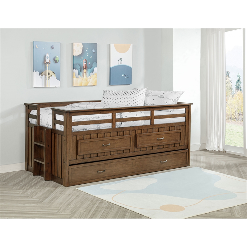 Pemberly Row Wood Twin Captains Bed With Trundle in Medium Brown