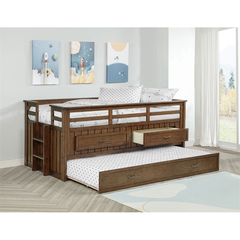 Pemberly Row Wood Twin Captains Bed With Trundle in Medium Brown