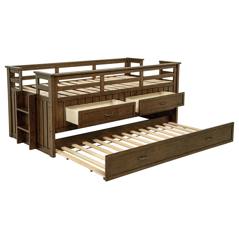 Pemberly Row Wood Twin Captains Bed With Trundle in Medium Brown