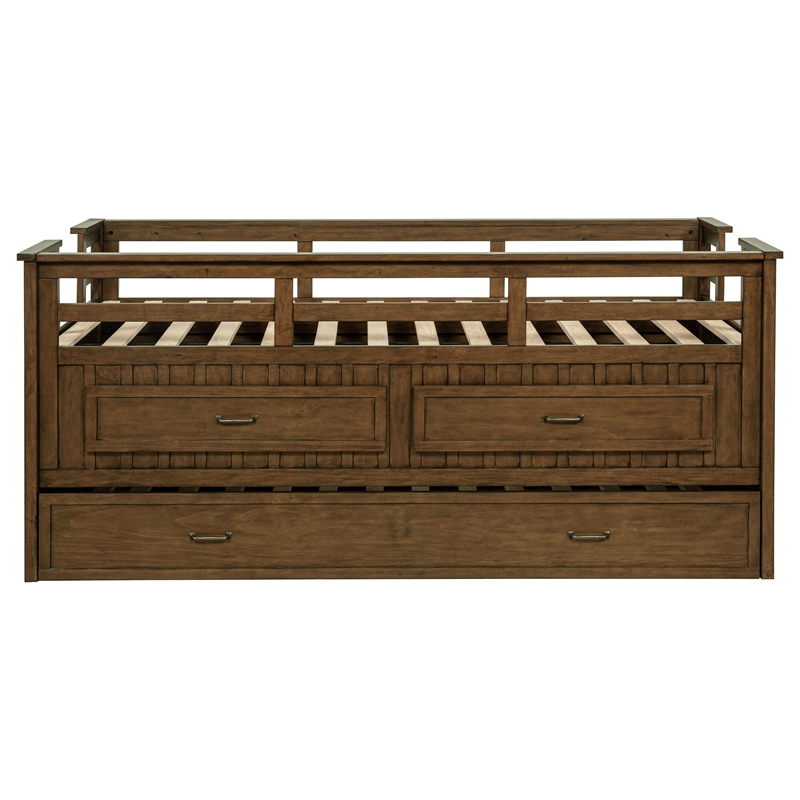 Pemberly Row Wood Twin Captains Bed With Trundle in Medium Brown