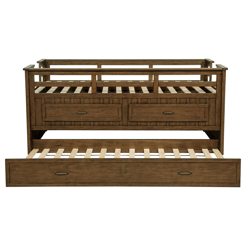 Pemberly Row Wood Twin Captains Bed With Trundle in Medium Brown