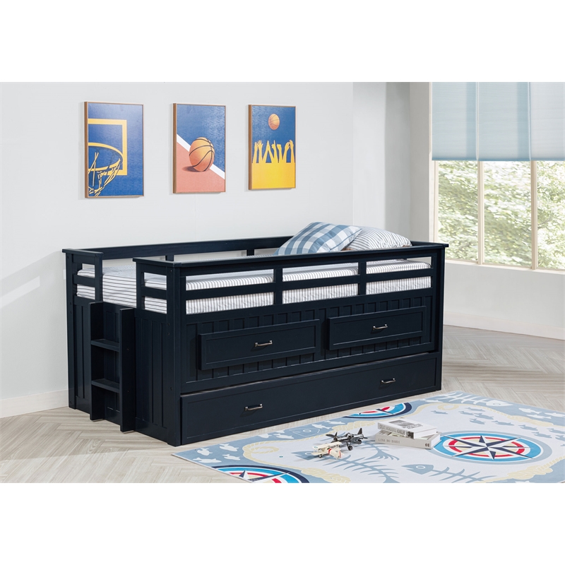 Pemberly Row Wood Twin Captains Bed With Trundle in Navy Blue