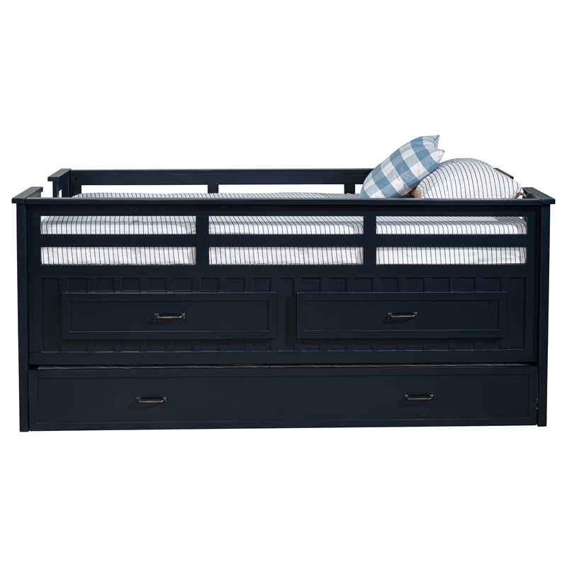 Pemberly Row Wood Twin Captains Bed With Trundle in Navy Blue