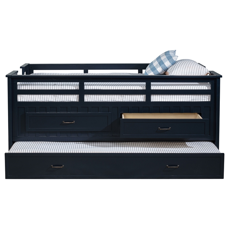 Pemberly Row Wood Twin Captains Bed With Trundle in Navy Blue