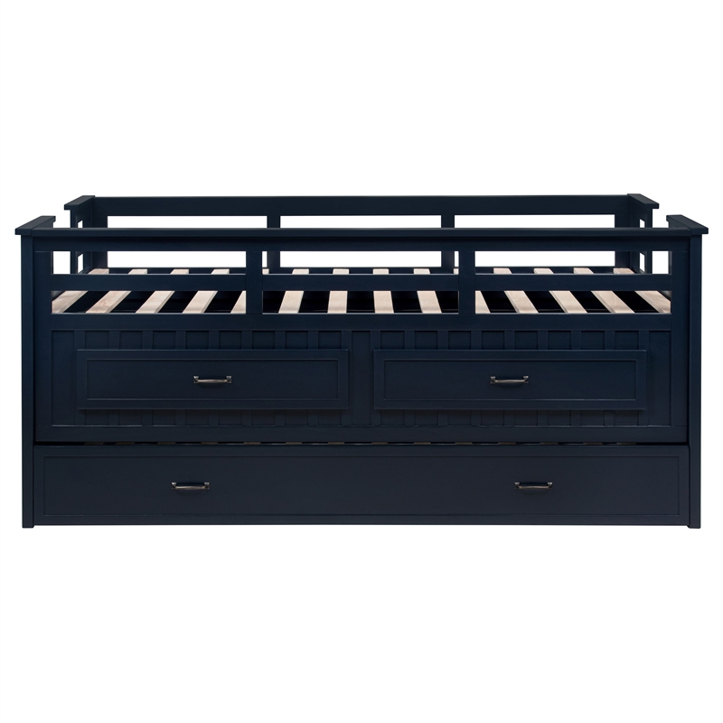 Pemberly Row Wood Twin Captains Bed With Trundle in Navy Blue