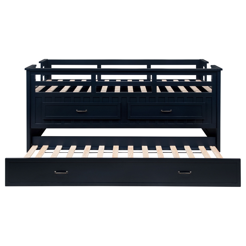 Pemberly Row Wood Twin Captains Bed With Trundle in Navy Blue