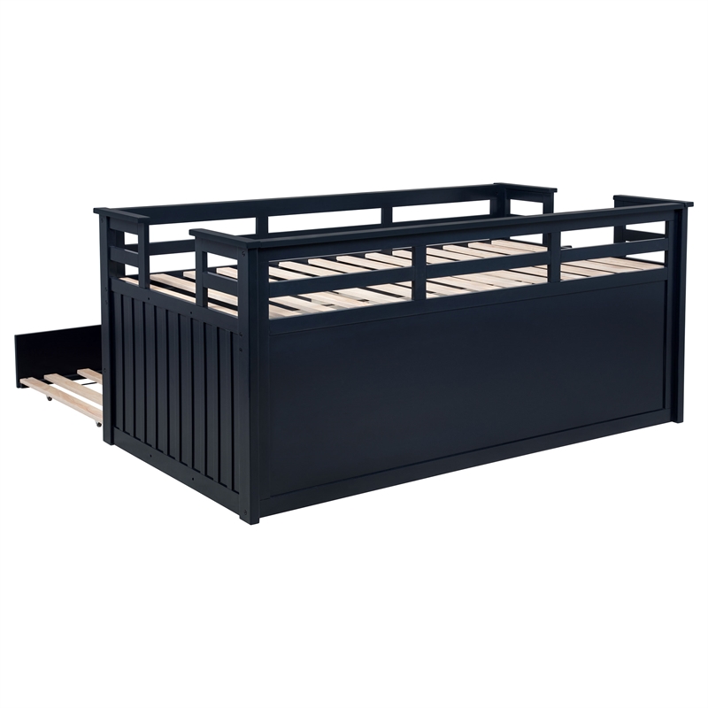 Pemberly Row Wood Twin Captains Bed With Trundle in Navy Blue