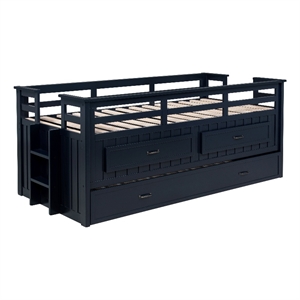 Pemberly Row Wood Twin Captains Bed With Trundle in Navy Blue