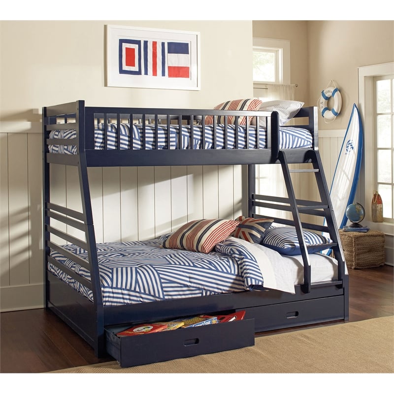 Pemberly Row 2-Drawer Wood Twin over Full Bunk Bed in Navy Blue