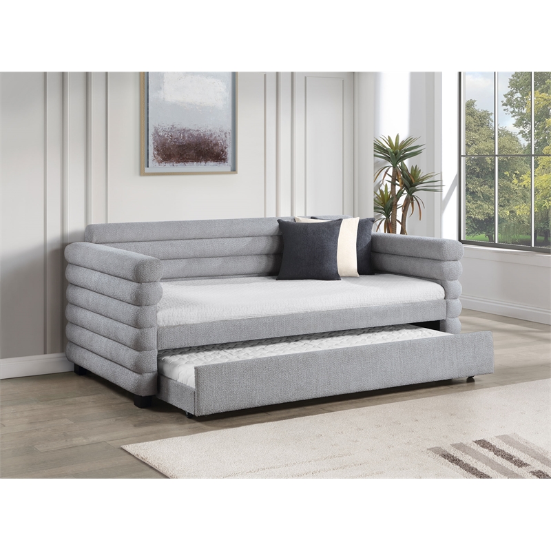 Pemberly Row Boucle Upholstered Twin Day Bed with Trundle in Grey