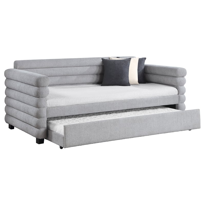 Pemberly Row Boucle Upholstered Twin Day Bed with Trundle in Grey