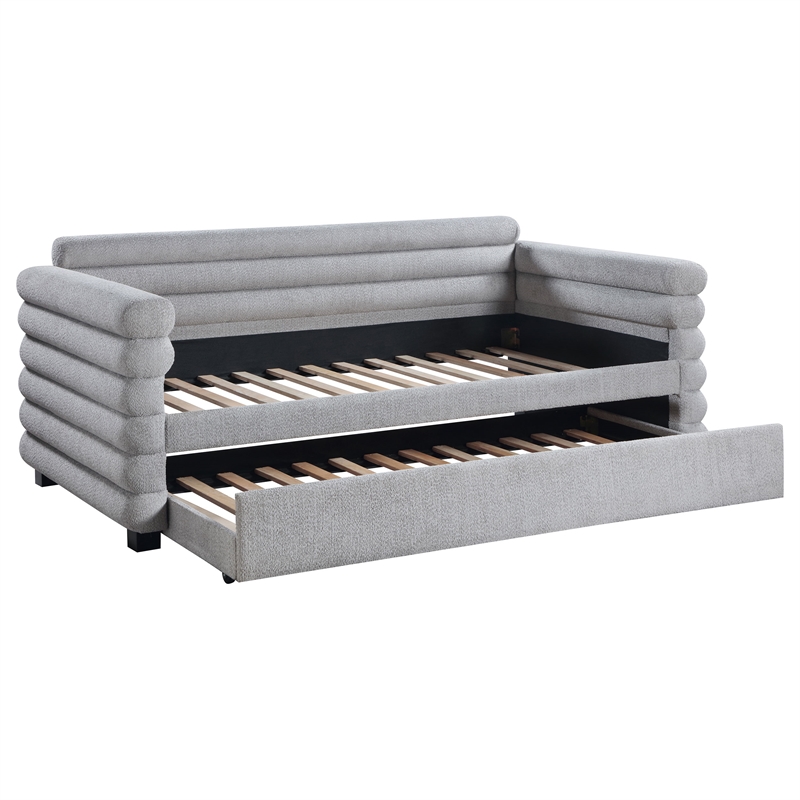 Pemberly Row Boucle Upholstered Twin Day Bed with Trundle in Grey
