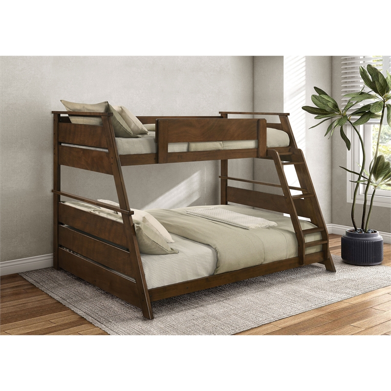Pemberly Row Wood Veneer Twin Over Full Bunk Bed with Slat Kit in Walnut