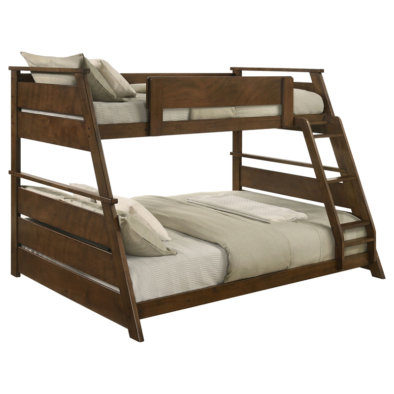 Pemberly Row Wood Veneer Twin Over Full Bunk Bed with Slat Kit in Walnut