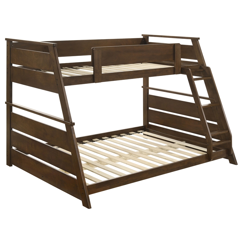 Pemberly Row Wood Veneer Twin Over Full Bunk Bed with Slat Kit in Walnut
