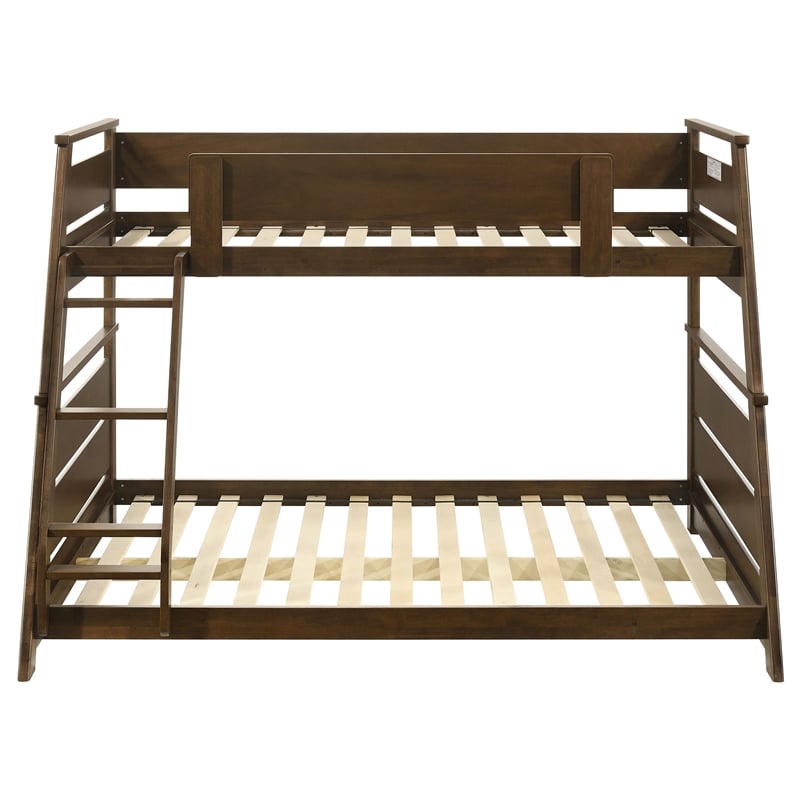 Pemberly Row Wood Veneer Twin Over Full Bunk Bed with Slat Kit in Walnut