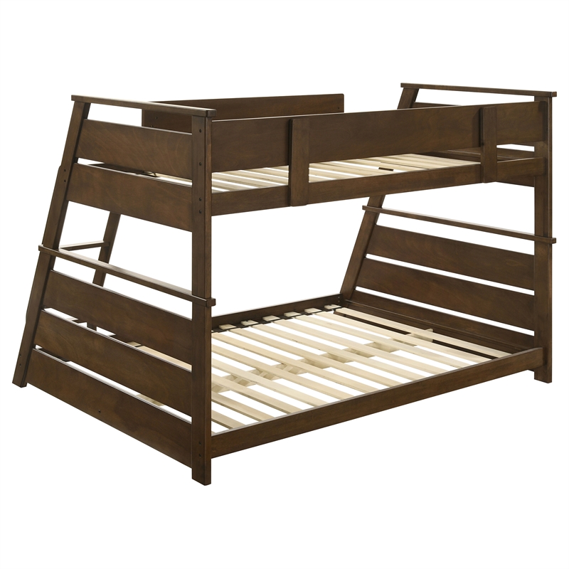 Pemberly Row Wood Veneer Twin Over Full Bunk Bed with Slat Kit in Walnut