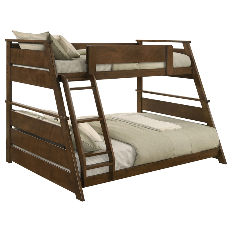 Pemberly Row Wood Veneer Twin Over Full Bunk Bed with Slat Kit in Walnut