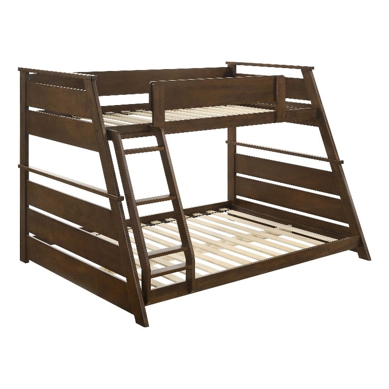 Pemberly Row Wood Veneer Twin Over Full Bunk Bed with Slat Kit in Walnut