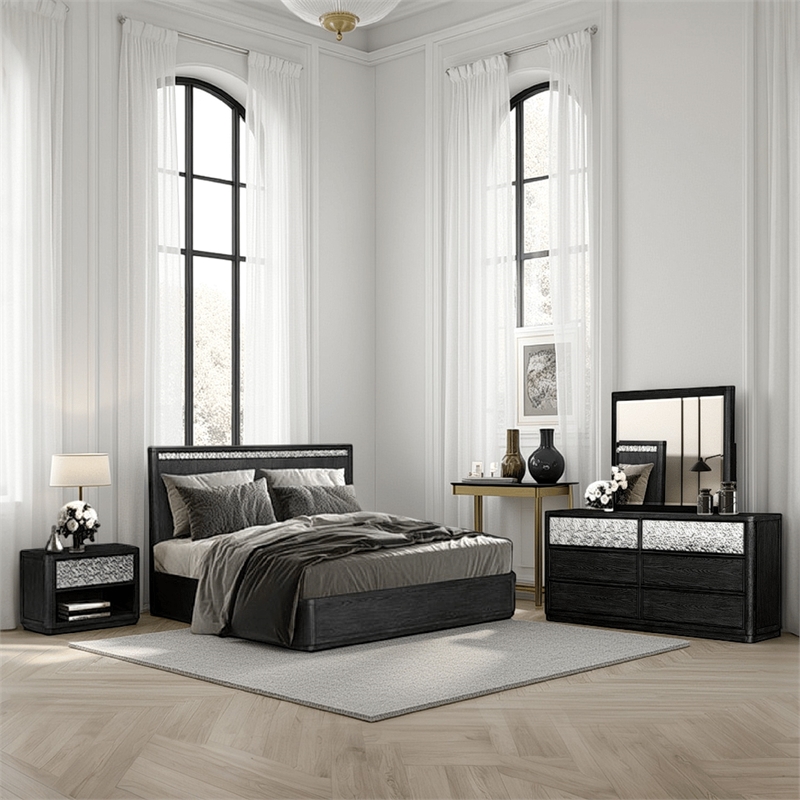 Pemberly Row 4-Piece Queen Bedroom Set with USB Bedside Table in Ash Gray