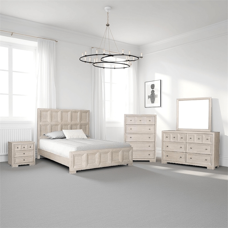 Pemberly Row 5-Piece Queen Bedroom Set with Chest in Beige Wood