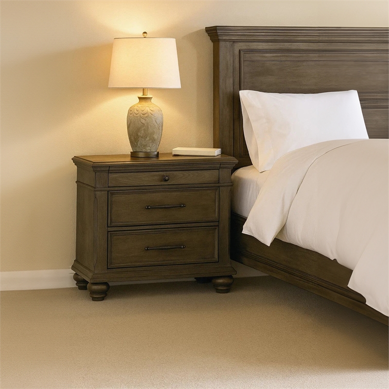 Pemberly Row Bedroom Nightstand with 3 Drawers in Aged Oak Brown