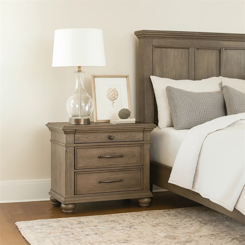 Pemberly Row Bedroom Nightstand with 3 Drawers in Aged Oak Brown