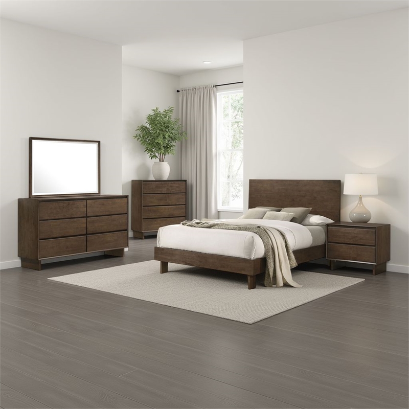 Pemberly Row 5-Piece Queen Bedroom Set in Warm Brown Rubberwood