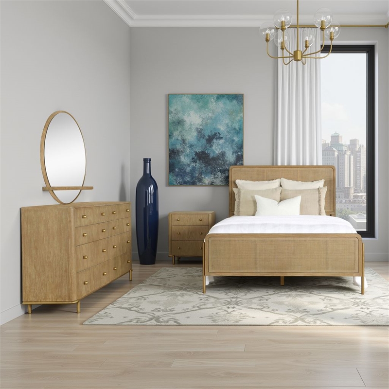 Pemberly Row 4-Piece Queen Bedroom Set with Round Mirror in Sand Brown