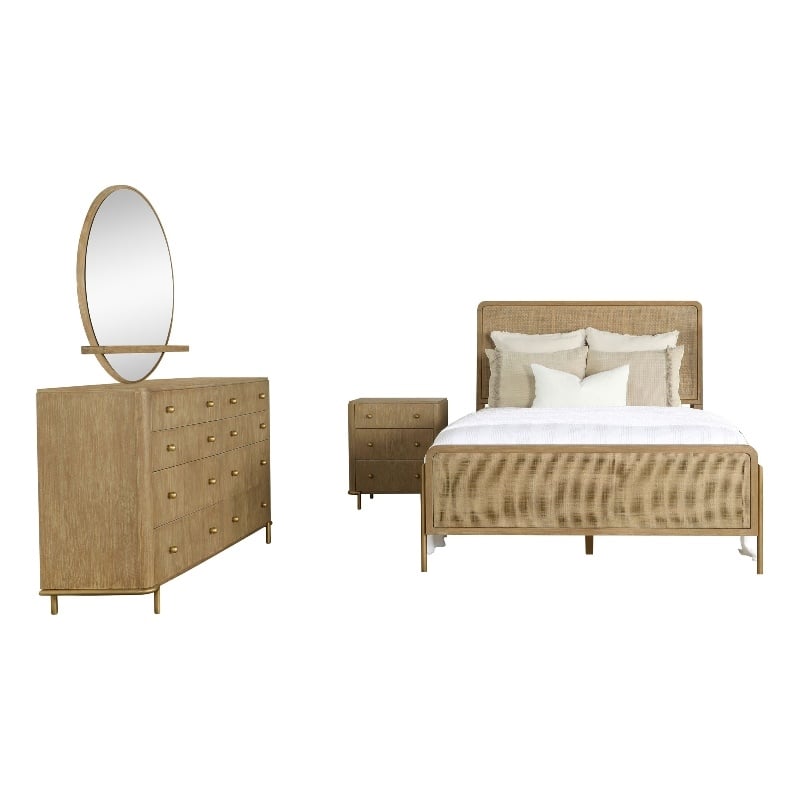 Pemberly Row 4-Piece Queen Bedroom Set with Round Mirror in Sand Brown