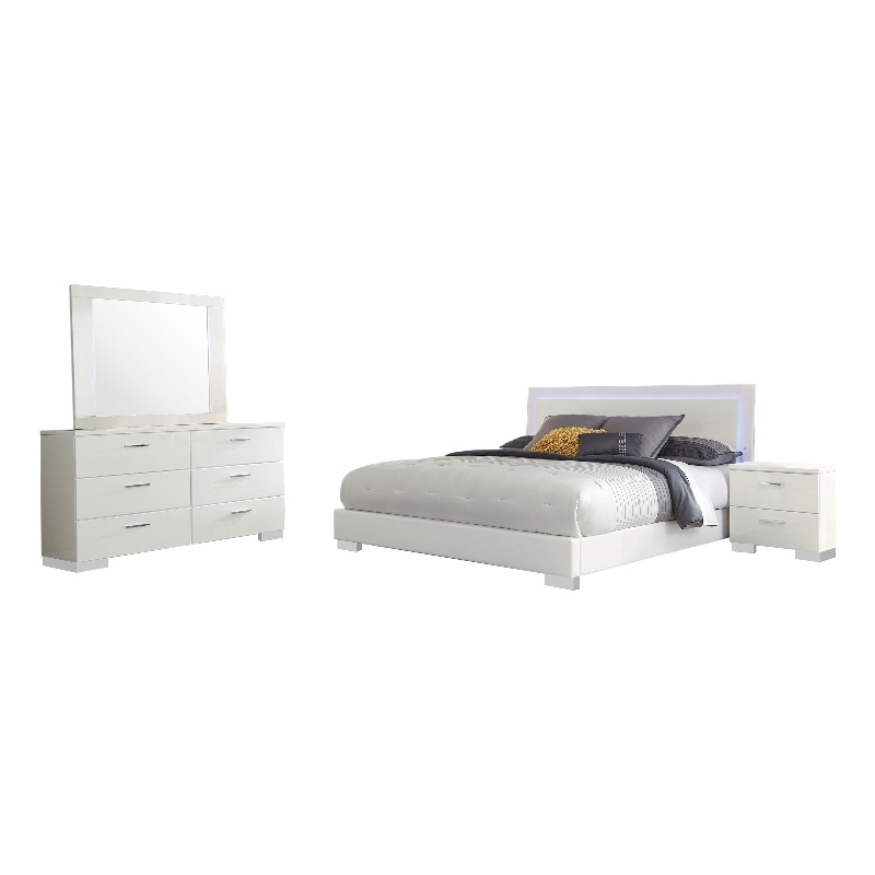 Pemberly Row 4-Piece Queen Faux Leather Bedroom Set in High Gloss White