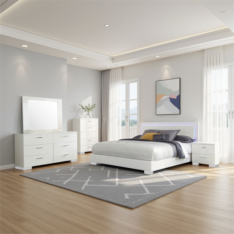 Pemberly Row 5-Piece Queen Faux Leather Bedroom Set in High Gloss White
